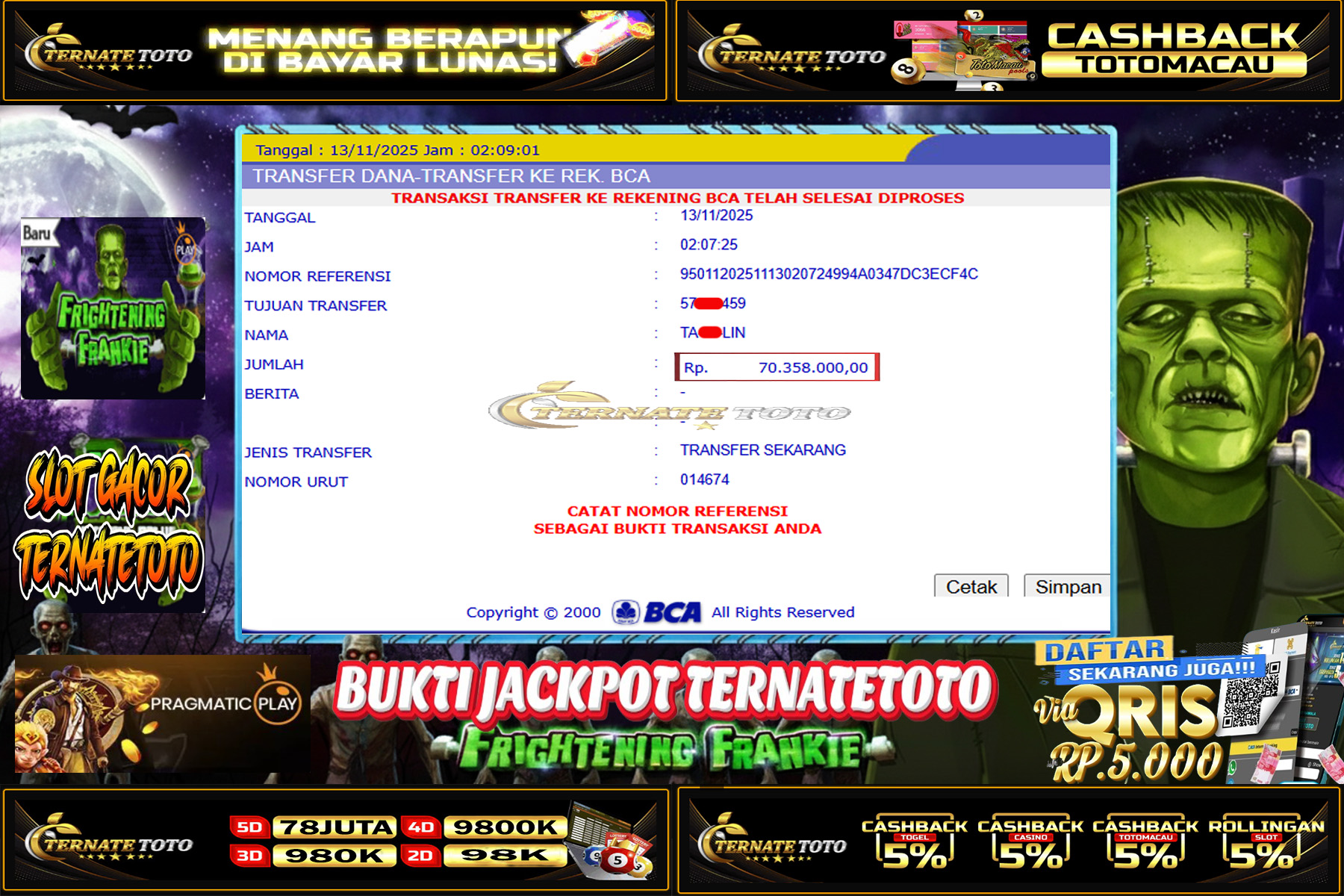 TERNATETOTO - JACKPOT Frightening Frankie DI PRAGMATIC PLAY Rp.70,328,000,-